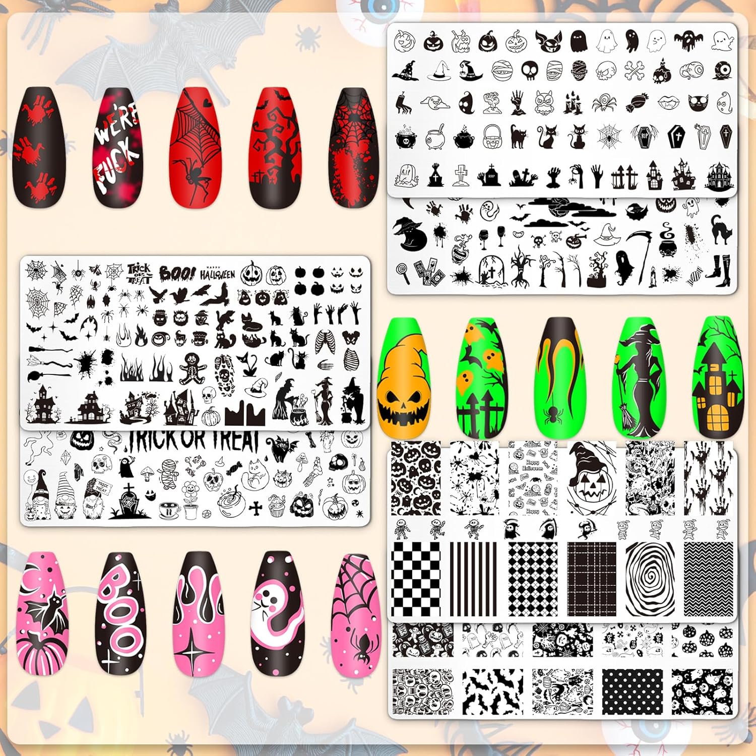 Whaline 6Pcs Halloween Nail Plates Stamping Set Pumpkin Ghost Bat Witch Stamp Templates Nail Art Plates for Trick or Treat Party DIY Print Manicure Salon Design-Velvo Beauty