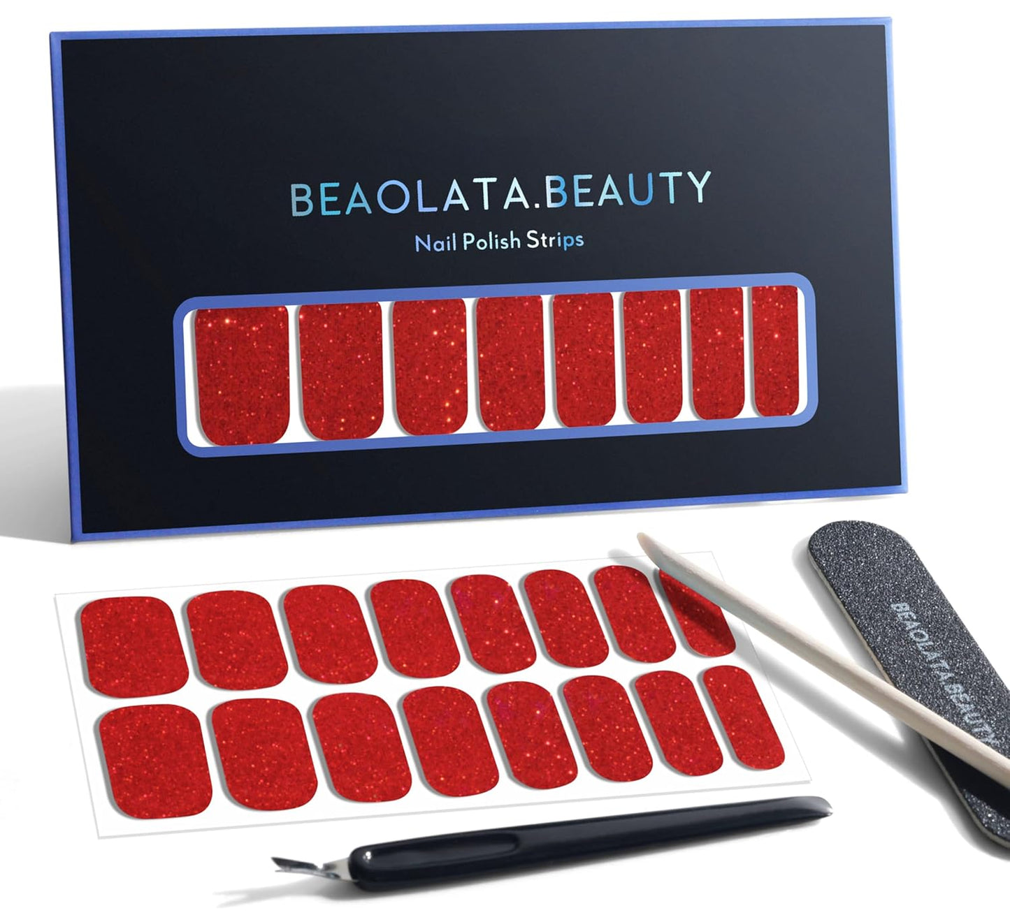 Nail Polish Strips, 32PCS Salon Quality Wraps, Long Lasting Gel Nail Stickers for Women Easy Apply& Remove (Red Velvet Ribbon Glitter)-Velvo Beauty
