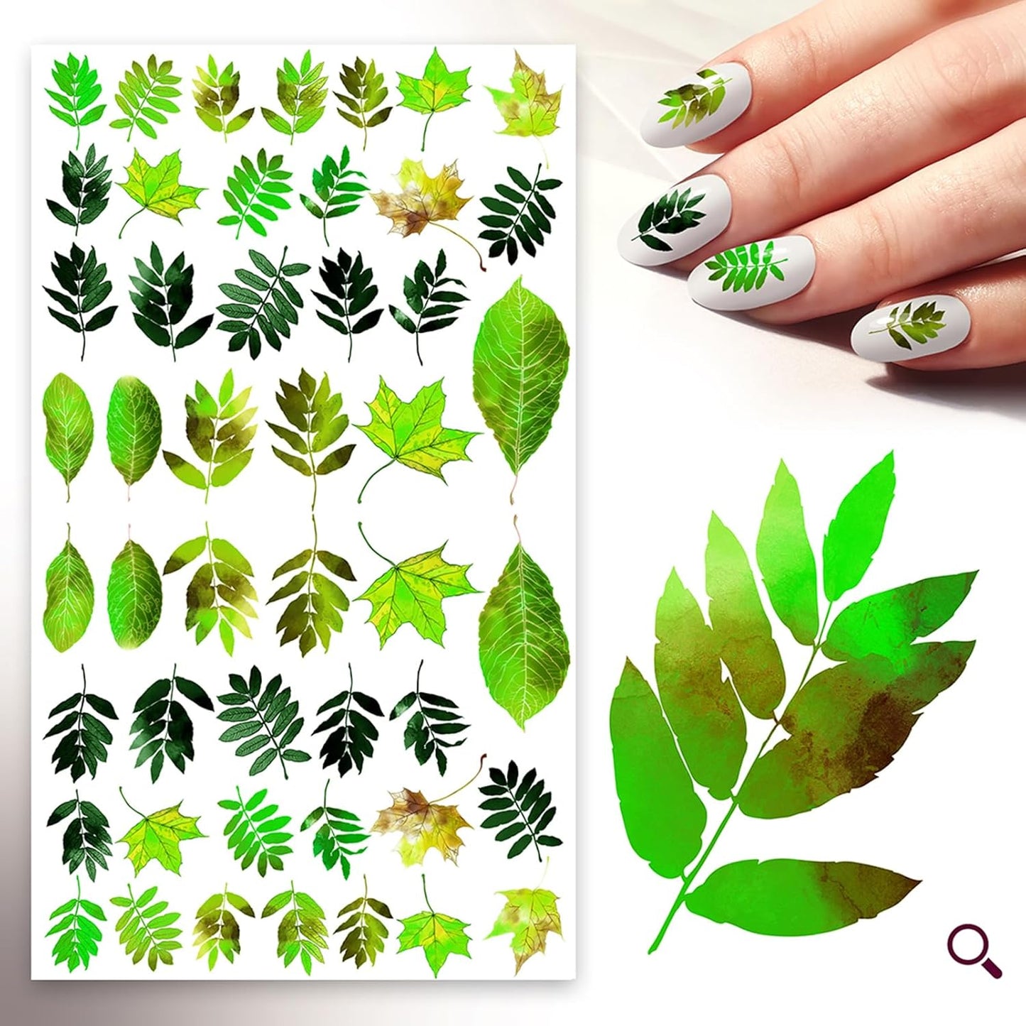 Nail Stickers Decal Transfers (5 Sheets) FLONZNAIL Summer Green Leaves Vintage Watercolor Illustration-Velvo Beauty