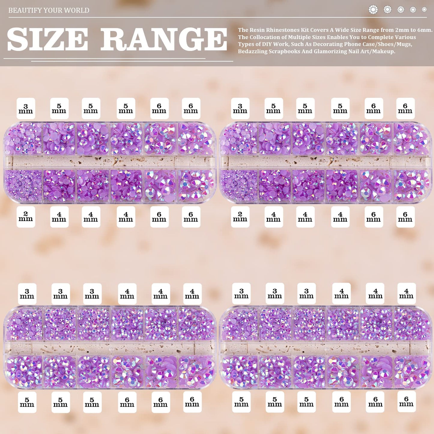 7000PCS Resin Rhinestones with Tweezers for Crafting, 2/3/4/5/6mm Flatback Jelly Rhinestones, 4 Box Lavender Purple AB Non Hotfix Crystal Gems for DIY Crafts Mugs Tumblers Clothes Makeup Nail-Velvo Beauty