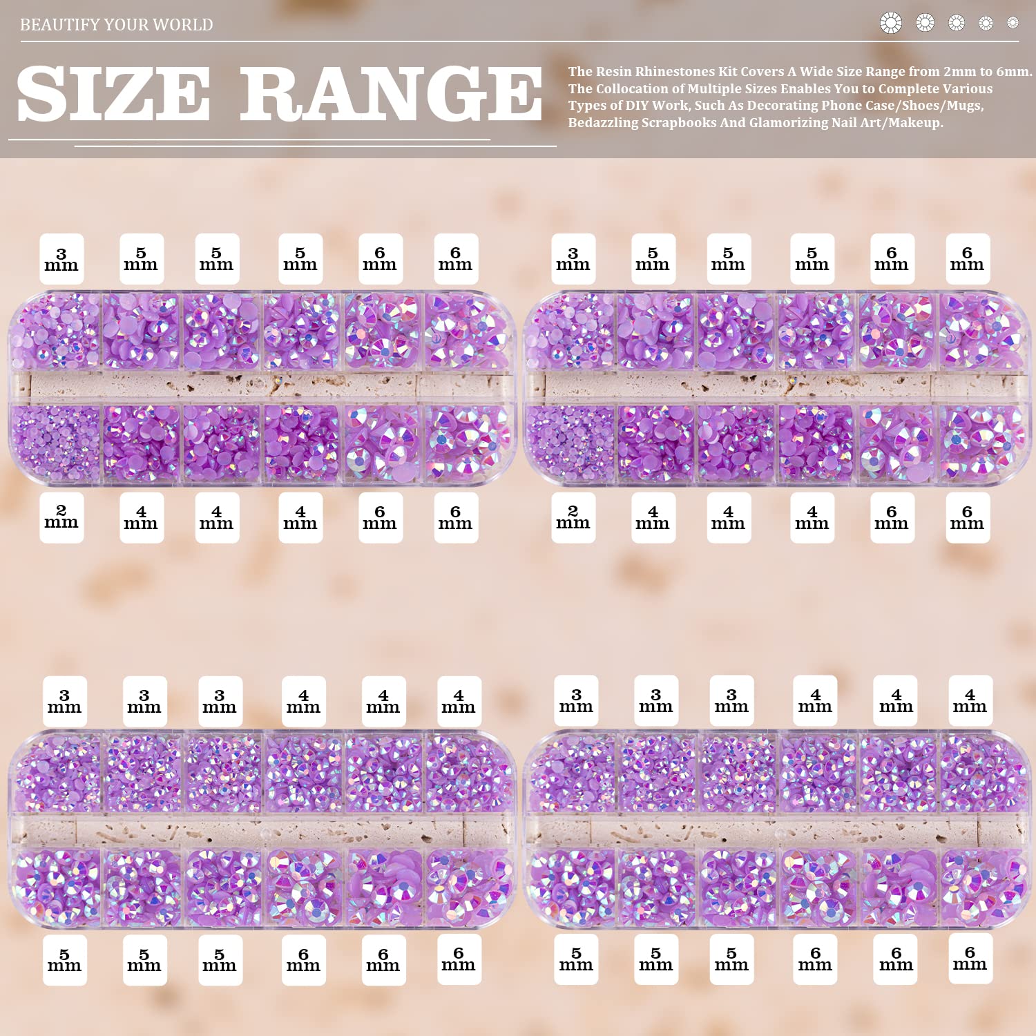 7000PCS Resin Rhinestones with Tweezers for Crafting, 2/3/4/5/6mm Flatback Jelly Rhinestones, 4 Box Lavender Purple AB Non Hotfix Crystal Gems for DIY Crafts Mugs Tumblers Clothes Makeup Nail-Velvo Beauty