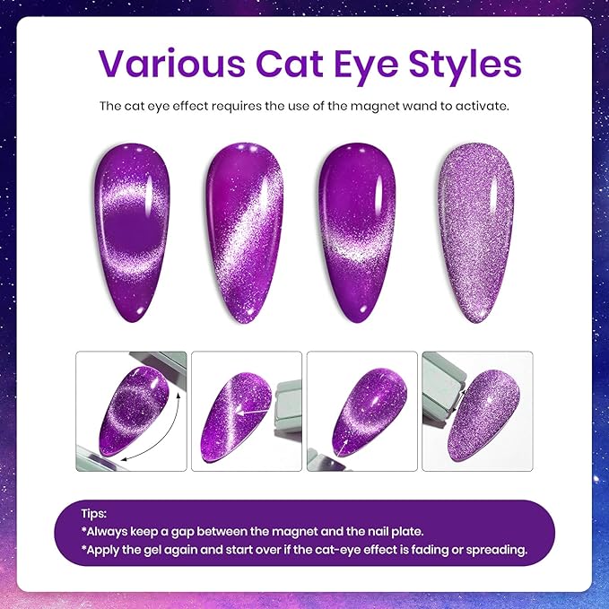 Beetles Cat Eye Gel Nail Polish Set, 6 Colors Summer Neon Holographic Glitter Gel Polish Kit Hot Pink Orange Purple Blue Green Magnetic Nail Polish Soak Off UV French Nail Art Gift for Women-Velvo Beauty