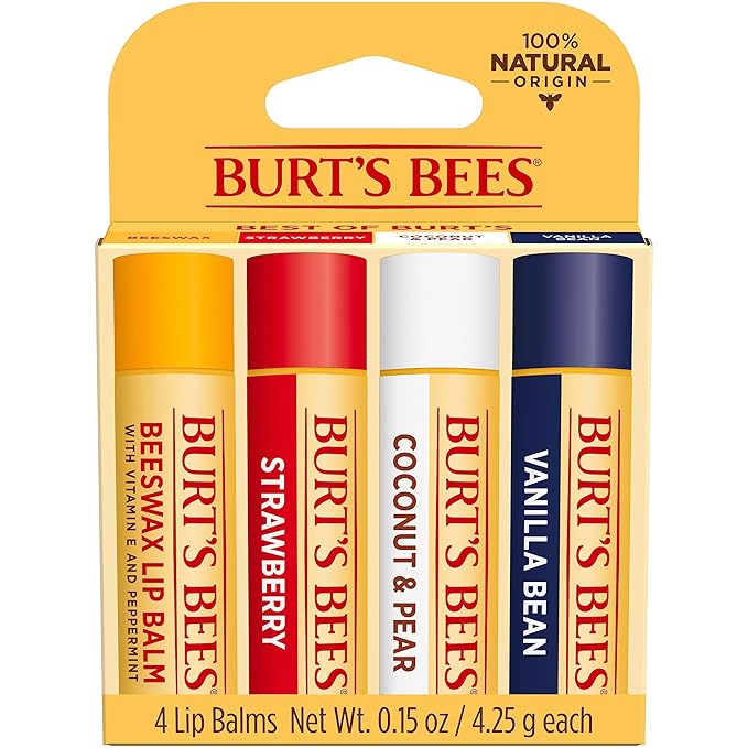 Burt's Bees Lip Balm - Beeswax, Strawberry, Coconut and Pear, and Vanilla Bean, With Responsibly Sourced Beeswax, Tint-Free, Natural Origin Lip Treatment, 4 Tubes, 0.15 oz.-Velvo Beauty