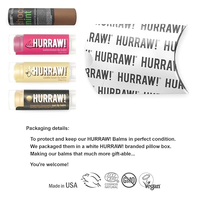 Hurraw! Lip Balms: Staff Favorites, 4 Balm Bundle Pack – Chocolate Mint, Watermelon, Vanilla Bean and Sun (SPF 15): Organic, Certified Vegan. 100% Natural Ingredients. Bee, Shea, Soy and Palm Free.-Velvo Beauty