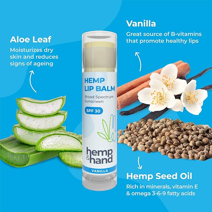Organic Vanilla Hemp Lip Balm with Beeswax, Coconut Oil and Vitamin E - SPF 30 - by Hemp and Hand (1-Pack)-Velvo Beauty