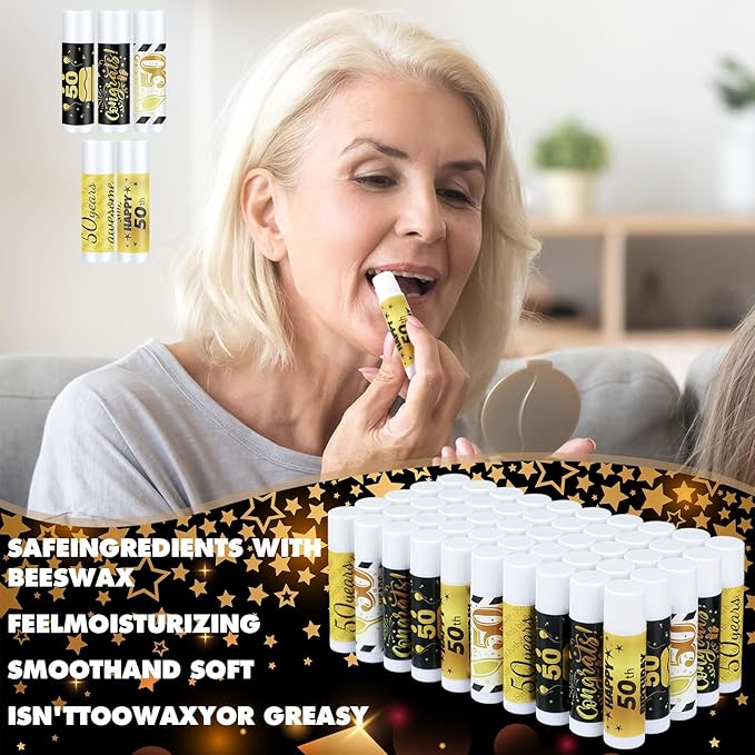 50 Sets Birthday Favors Lip Balm Gifts Bulk Moisturizing Lip Balm with 50 Organza Drawstring Gift Bag 50 Tags Birthday Party Supplies Gifts Bulk for Men and Woman (50th Birthday)-Velvo Beauty