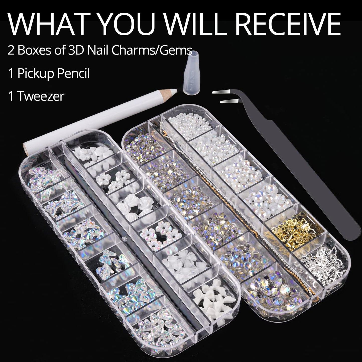 Mixed 3D Nail Art Gem Decoration Accessories Kit #7, Aurora Bear Bow Butterfly Starry AB Rhinestone Charm Jewelry for Deco, Pearl Flower Caviar Bead Stone Crystal with Pickup Pencil and Tweezer-Velvo Beauty
