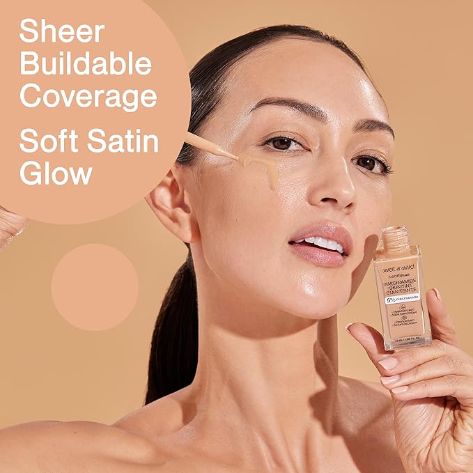wet n wild Bare Focus Skin Tint, 5% Niacinamide Enriched, Buildable Sheer Lightweight Coverage, Natural Radiant Finish, Hyaluronic & Vitamin Hydration Boost, Cruelty-Free & Vegan - Medium Beige-Velvo Beauty