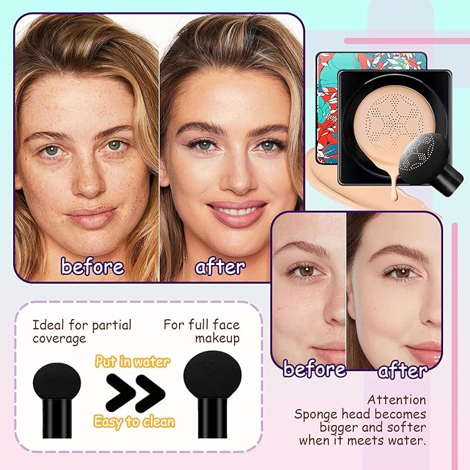 Air Cushion CC Cream Mushroom Head Foundation,Waterproof Long Lasting Loose Setting Powder,Moisturizing BB Cream Liquid Foundation Makeup Primer Concealer Base with Makeup Sponge（4PCS）-Velvo Beauty