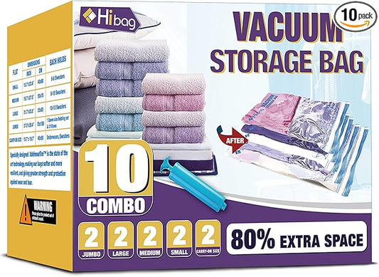HIBAG Vacuum Storage Bags, 10-Pack Vacuum Seal Bags for Clothing Clothes, Space Saver Bags (2 Jumbo, 2 Large, 2 Medium, 2 Small, 2 Roll-up) with Pump (10-Combo)-Velvo Beauty