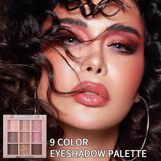 Erinde 9 Colors Eyeshadow Palette, Matte Shimmer Glitter Eye Shadow Makeup Palette, Highly Pigmented Long Lasting Waterproof, Natural Neutral Nude Eyeshadow Makeup Pallet, Pink Purple Rose-Velvo Beauty