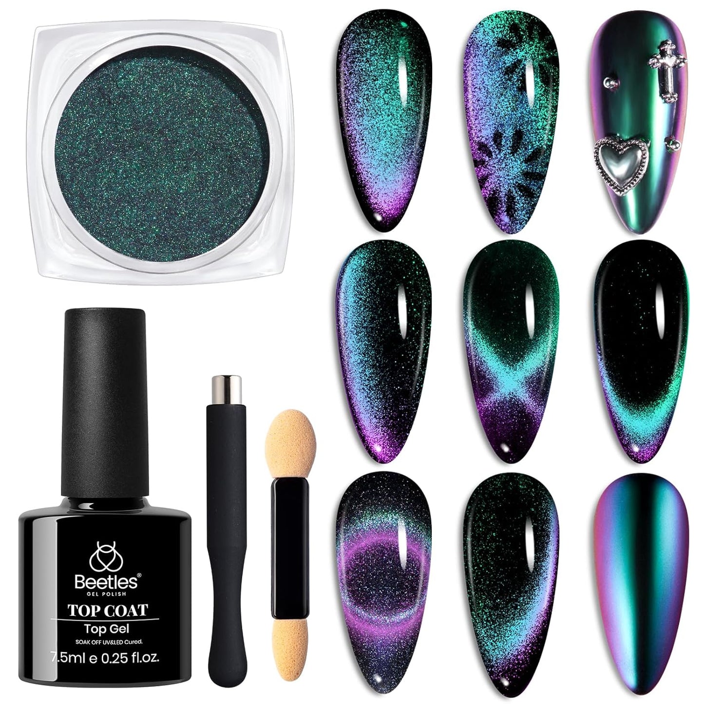 Beetles Cat Eye Chrome Nail Powder Set, 2 in 1 Holographic Metallic Mirror Effect Chameleon Galaxy Powder with No Wipe UV Gel Top Coat Magnet for Velvet Metallic Nail Art-Velvo Beauty