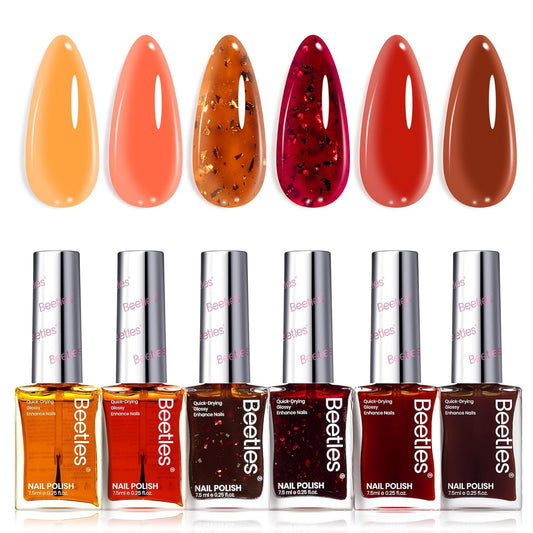 Beetles Fall Nail Polish Set - Golden Harvest 6 Colors Quick Drying Long-Lasting Burgundy Red Orange Jelly Glitter Nail Polish for DIY At-Home Manicure Gift for Women-Velvo Beauty