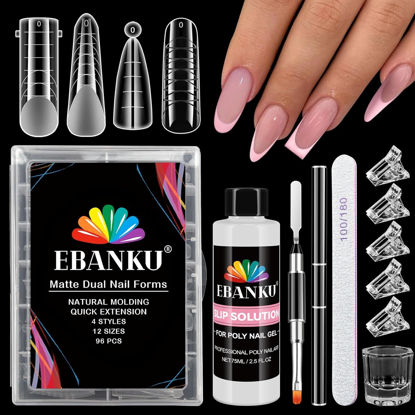 EBANKU Poly Gel Nail Forms - 96PCS Dual Forms for Builder Nail Extension, 4 Style 12 Size Dual Forms Set with 2.5oz Slip Solution, Brush, File, 5PCS Clips-Velvo Beauty