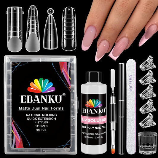 EBANKU Poly Gel Nail Forms - 96PCS Dual Forms for Builder Nail Extension, 4 Style 12 Size Dual Forms Set with 2.5oz Slip Solution, Brush, File, 5PCS Clips-Velvo Beauty
