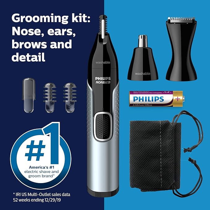 Philips Norelco Nose Trimmer 5000 for Nose, Ears, Eyebrows Trimming Kit, NT5600/62-Velvo Beauty