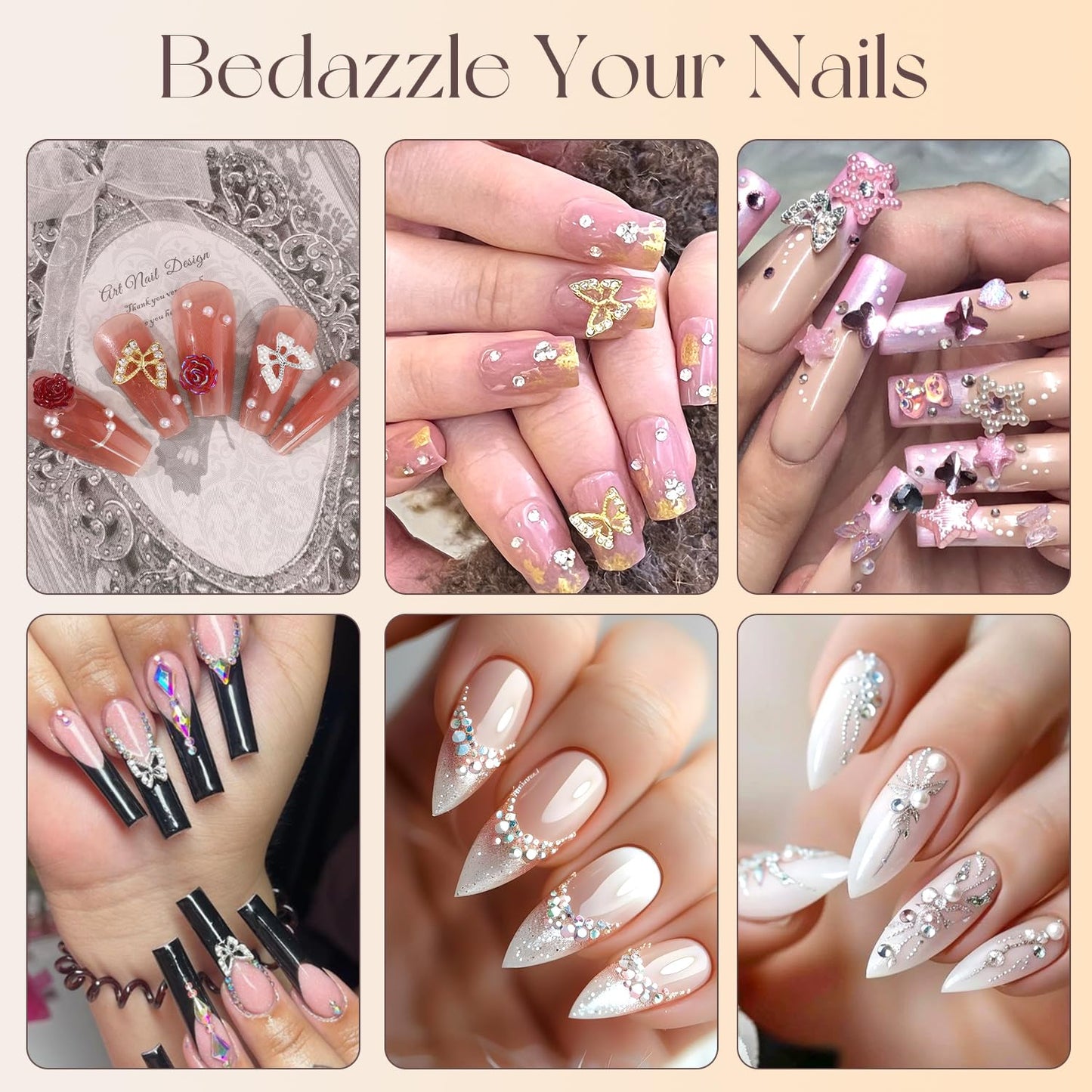 50Pcs 2 Styles 3D Butterfly Nail Charms and Flatback Gems Pearl, Silver+Gold Shiny Luxury Gems, Crystal Jewels Studs with Rhinestones for Nail Design, Nail Art Decoration Set for Acrylic Nails-Velvo Beauty