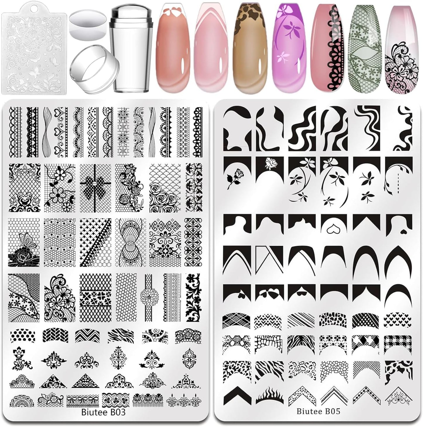Biutee Nail Stamping Plates Set 2 PCS Large Plate 110 Patterns Nail Art Stamper Scraper Nail Stamp Template Kit French Line Lace Flower Design Masnicure Plates-Velvo Beauty