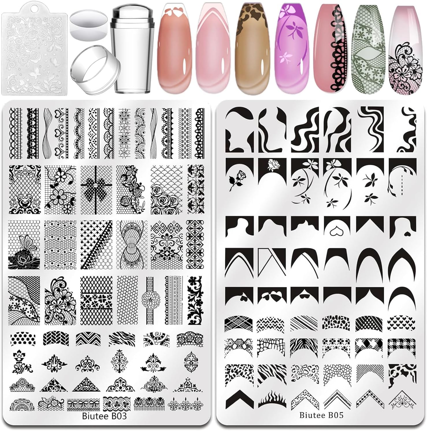 Biutee Nail Stamping Plates Set 2 PCS Large Plate 110 Patterns Nail Art Stamper Scraper Nail Stamp Template Kit French Line Lace Flower Design Masnicure Plates-Velvo Beauty