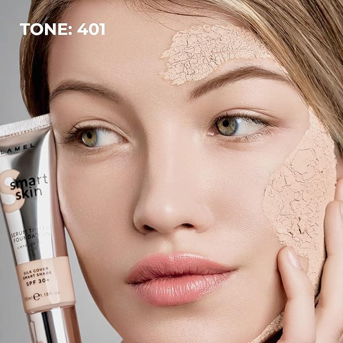 LAMEL Smartskin Serum Tinted Foundation - Hydrating & Nourishing - Hypoallergenic & Skin-Caring - Color Correcting - Anti-Aging Formula with Hyaluronic Acid - 401, 1.18 fl.oz-Velvo Beauty
