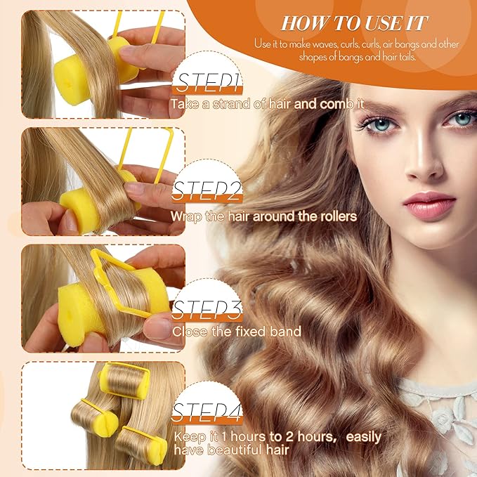 Geyoga 18 Pieces Sponge Hair Rollers Large Soft Foam Hair Styling Curlers Large Size Hairdressing Curlers for Women(1.4 x 2.6 Inches,Yellow)-Velvo Beauty