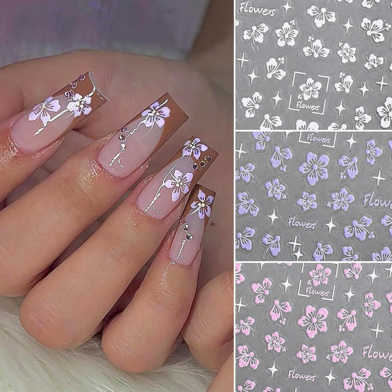 Flower Nail Stickers 5D Embossed Hollow Out Flower Nail Decals Pink Purple White Floral Designs Summer Cute Flowers Decals Pegatinas Uñas for Women DIY Manicure Decoration Accessories 3Sheets-Velvo Beauty