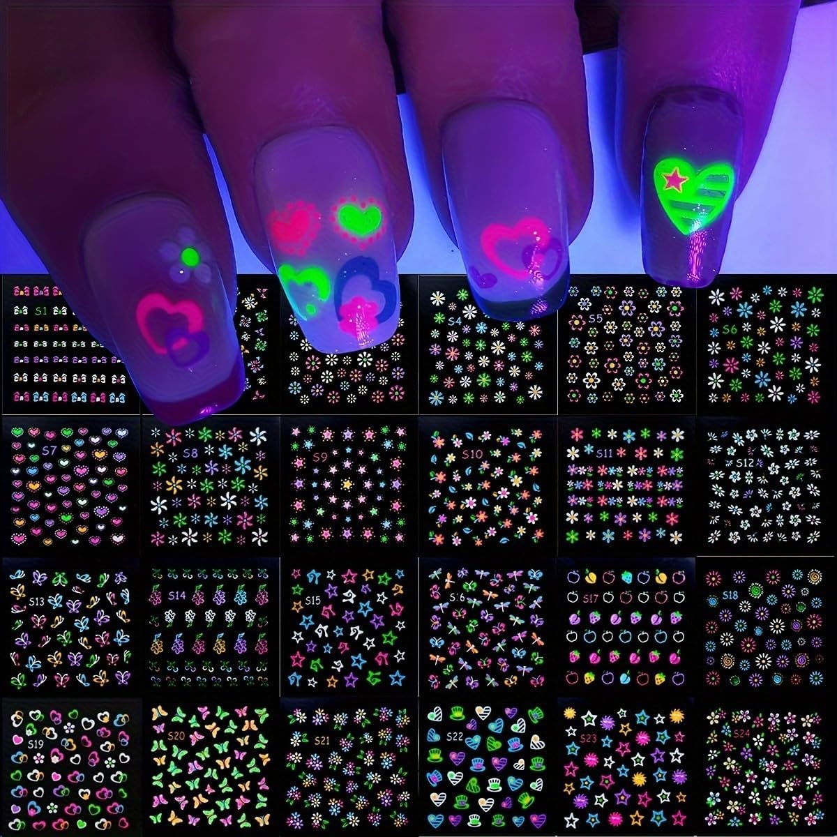 Fluorescence 30 Sheets Flowers Nail Stickers 3D Self-Adhesive Nail Art Charms Sticker Decals for Crafts Supplies Accessories (ST-N)-Velvo Beauty