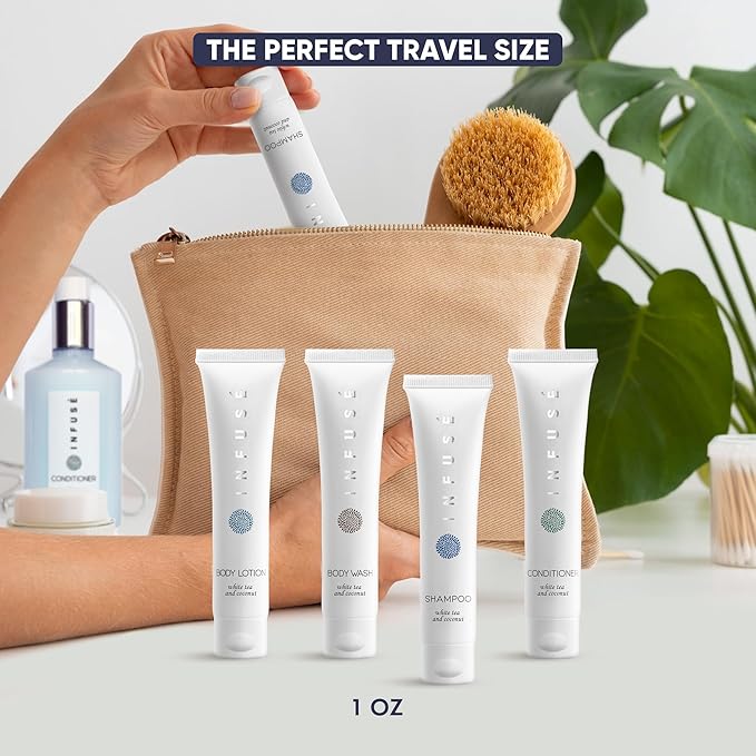 Infuse White Tea & Coconut Hotel Toiletries Bulk Set | 1-Shoppe Amenities Kit | 1oz Shampoo & Conditioner, Body Wash, Lotion | Travel Size | 80 Pieces-Velvo Beauty