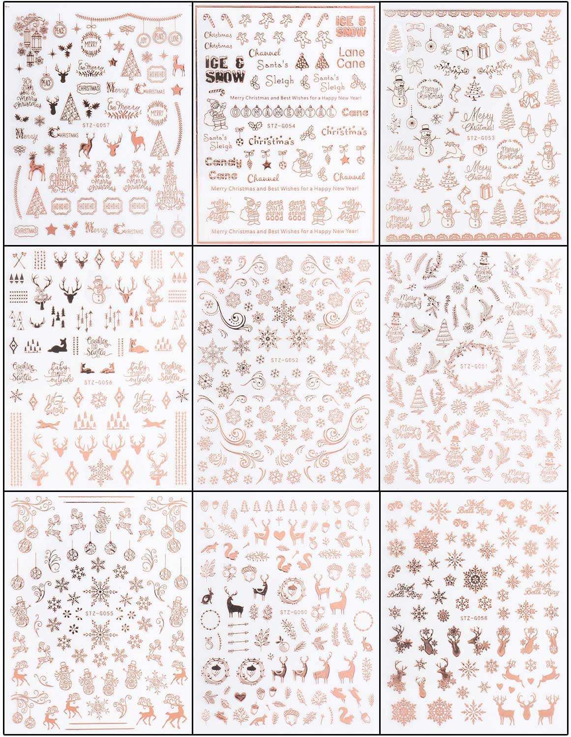 JMEOWIO 9 Sheets Christmas Nail Art Stickers Decals Self-Adhesive Pegatinas Uñas Navidad Rose Gold Winter Holiday Xmas Snowflake Nail Supplies Nail Art Design Decoration Accessories-Velvo Beauty