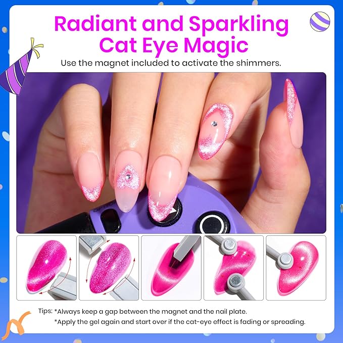 Beetles Cat Eye Gel Nail Polish, 6 Colors Summer Cat Eye Glitter Gel Polish Set Neon Red Pink Purple Blue Green with Magnet Velvet Gel Kit French Nail Art Manicure Gift for Women-Velvo Beauty