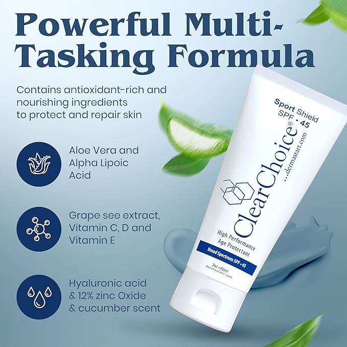 Clear Choice Travel Size Sunscreen for Face SPF 45, Mineral Oil Free Sunblock & Light Moisturizer with Zinc Oxide, Reef-Safe, Broad Spectrum, No White Cast, Dermatologist Recommended 2oz-Velvo Beauty