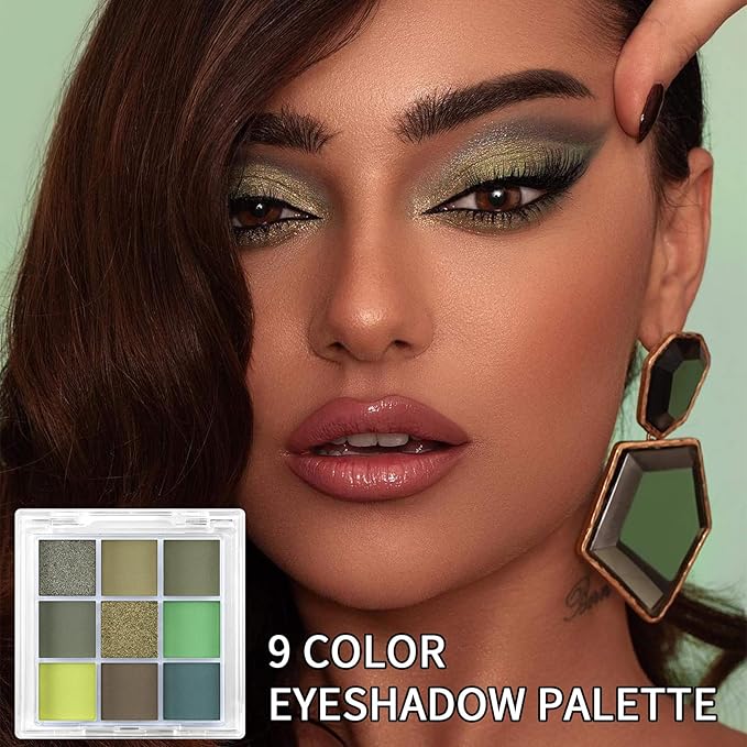 Erinde 9 Colors Eyeshadow Palette, Matte Shimmer Glitter Eye Shadow Palette Makeup, Highly Pigmented Long Lasting Waterproof, Natural Neutral Nude Eyeshadow Make Up Pallet, Yellow Green-Velvo Beauty