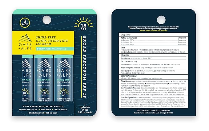 Oars + Alps Shine Free Lip Balm and SPF 18 Sunscreen, Lip Care with Sunny Mint Scent, Water and Sweat Resistant, 0.15 Oz Each, 3 Pack-Velvo Beauty