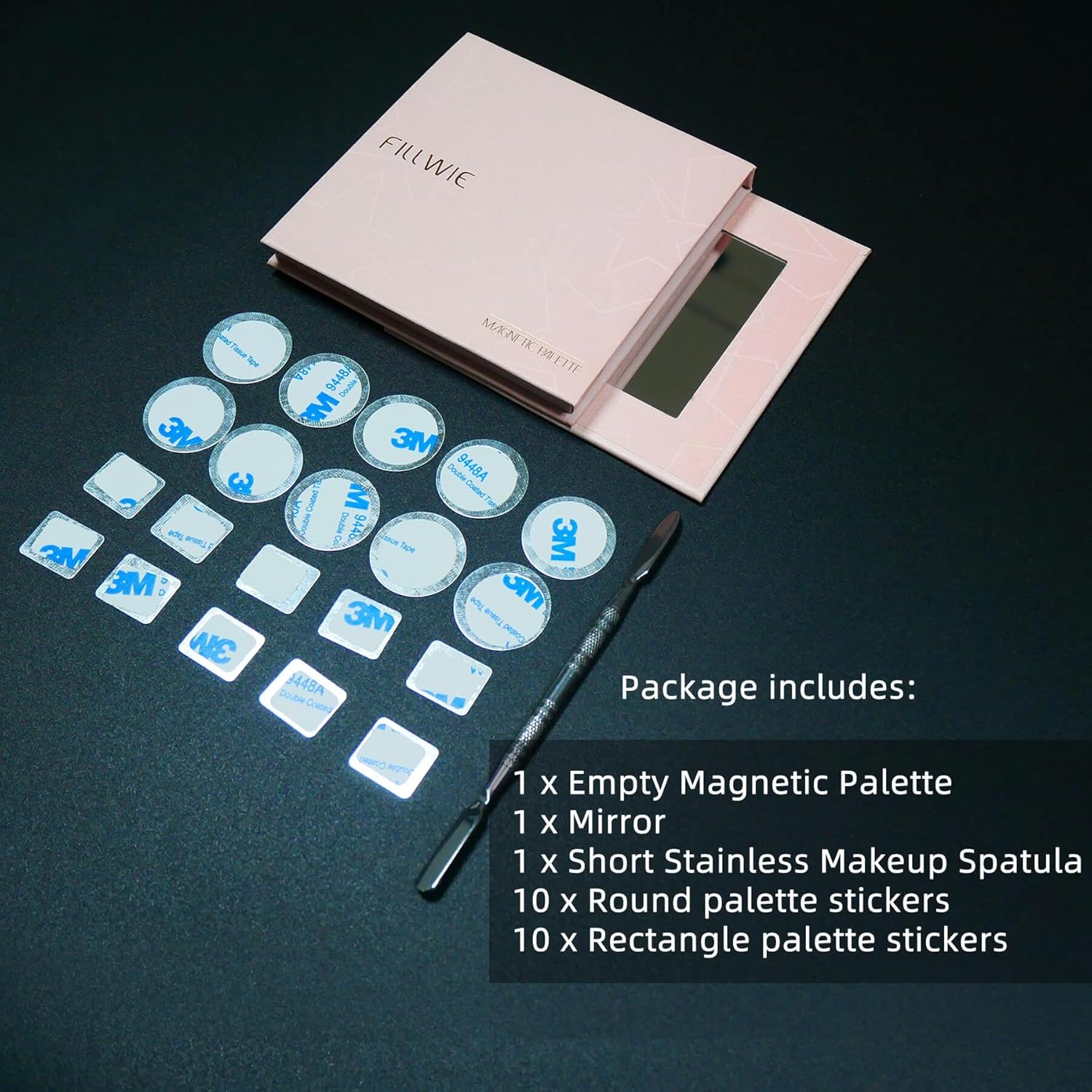 Pink Magnetic Refillable Makeup Palette with Mirror – Lightweight, Durable, Travel-Ready Case for Eyeshadow, Blush, Lipstick – Includes Spatula & 20 Stickers – Small, Waterproof Paperboard-Velvo Beauty