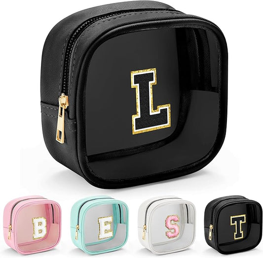 YOOLIFE Initial Makeup Bag Travel Toiletry Bag, Clear Makeup Bag Car Accessories For Women Clear Makeup Bags With Zipper Girlfriend Teacher 13 Year Old Girl Gifts Daughter Girl Gifts Mini Black L-Velvo Beauty