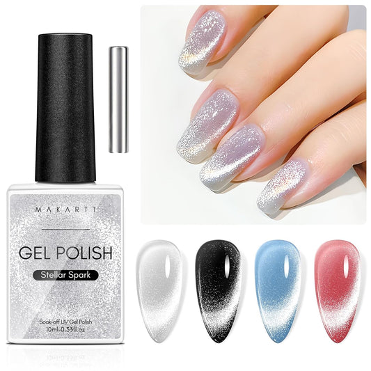 Makartt Universal Silver Cat Eye Gel Polish: Sparkle Glitter Nail Polish Holographic Magnetic Gel with Magnet DIY at Home for Beginner Easy to Use Nail Art Design Manicure 10ml-Velvo Beauty