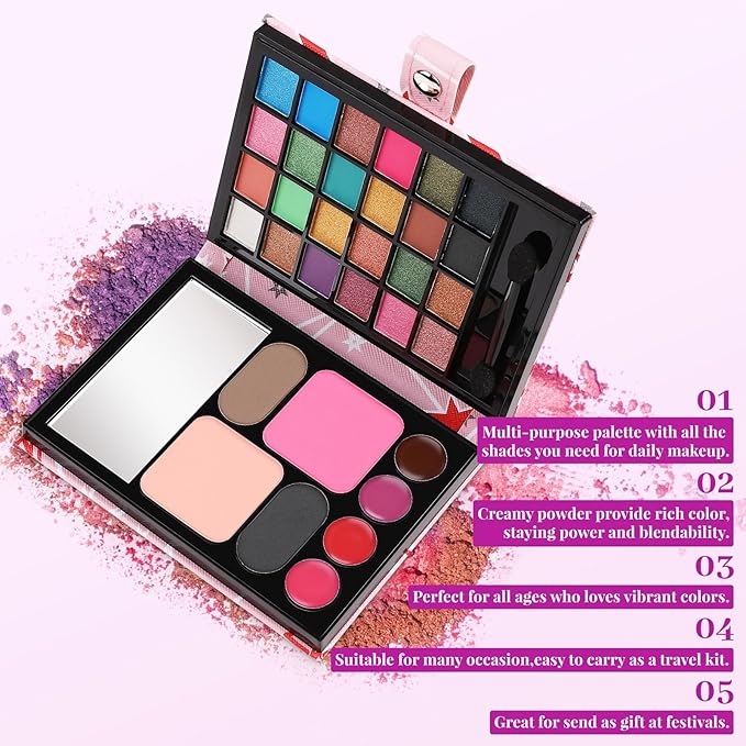 All in One Makeup Kit for Women Full Kit - 24 Eyeshadow, 4 Lipsticks, 1 Blushers, 1 Powder, 2 Eyebrow Powder, 1 Mirror, 1 Double Ended Brush, Makeup Gift Set for Teen Girls, Beginner and Professional-Velvo Beauty