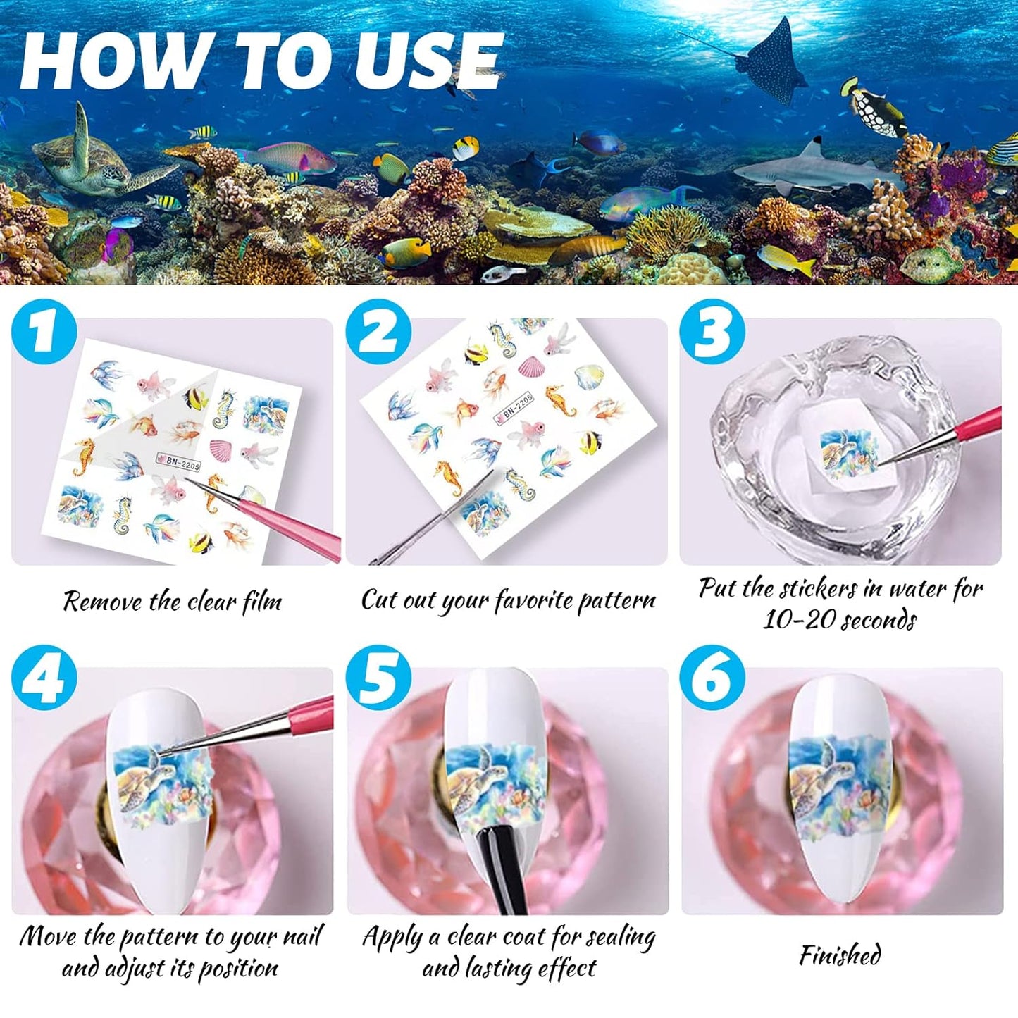 36 Sheets Summer Nail Art Stickers, Ocean Anchor Water Transfer Nail Decals, Shark Seashell Sea Turtle Design DIY Manicure Decorations for Girls Women-Velvo Beauty