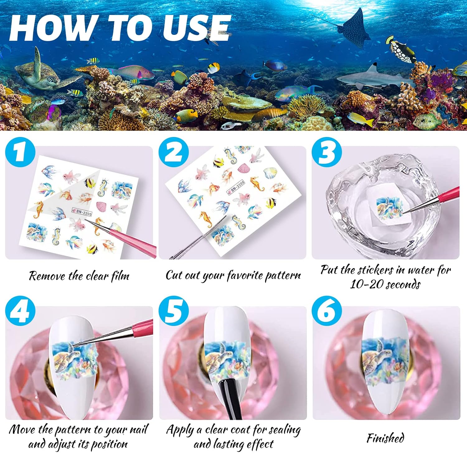 36 Sheets Summer Nail Art Stickers, Ocean Anchor Water Transfer Nail Decals, Shark Seashell Sea Turtle Design DIY Manicure Decorations for Girls Women-Velvo Beauty