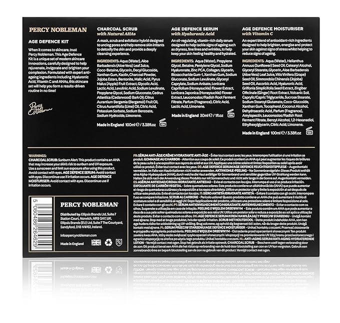 Percy Nobleman Age Defence Kit, a men's skincare set containing Charcoal Face Scrub (with Natural AHAs), ultra-hydrating Facial Serum (with Hyaluronic Acid), and Moisturiser (with Vitamin C)-Velvo Beauty