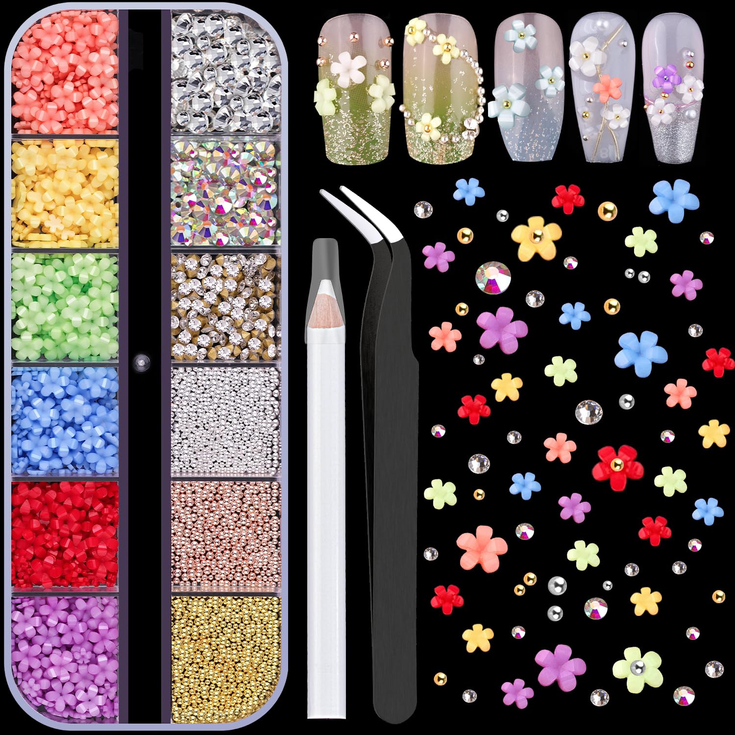 3D Flowers for Nails, Colorful Acrylic Flower Nail Charms with Caviar Beads, Flat Back Glass Crystal AB + Clear Gemstones Round Gems Rhinestones for Nails & Acrylic Nails with Dotting Tools-Velvo Beauty