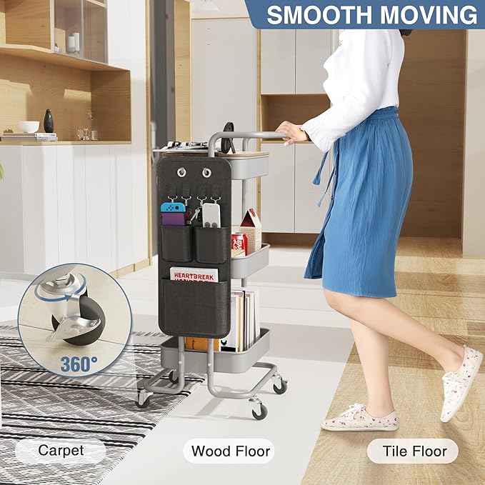 DTK 3 Tier Metal Utility Rolling Cart with Table Top and Side Bags, Tray Storage Organizer Wheels, Art Craft 4 Hooks for Kitchen Bathroom Office Living Room(Grey)-Velvo Beauty