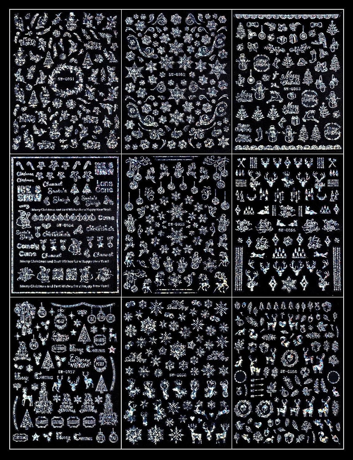 9 Sheets Merry Christmas Nail Art Stickers Decals Self-Adhesive Holiday Snowflakes Laser Silver Snowman Bell Nail Supplies Nail Art Design Decoration Accessories-Velvo Beauty