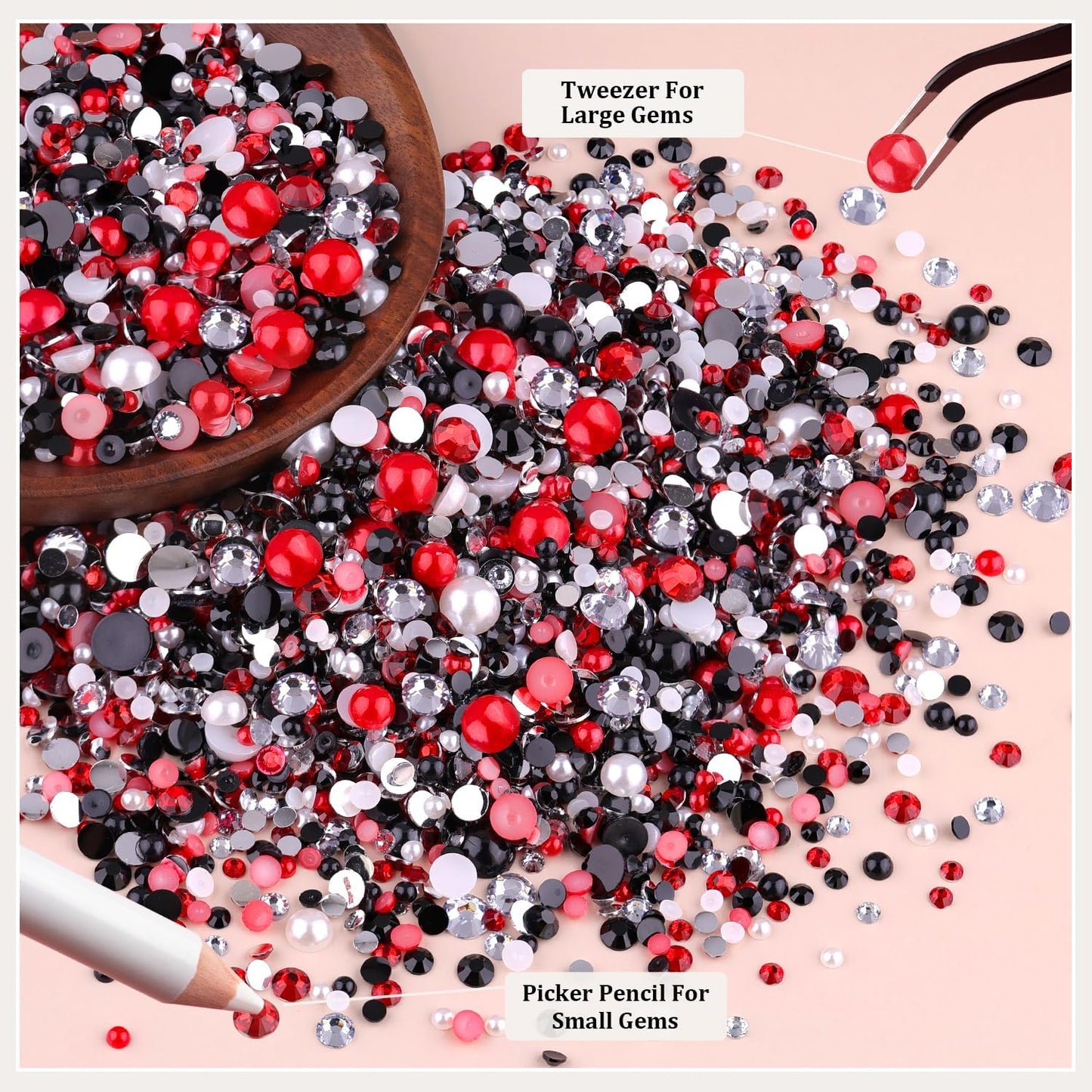 9000PCS Flatback Pearls and Rhinestones for Crafting, Red White Black Mixed Size 3-10mm Resin Rhinestones and Half Pearls for Bedazzling, Nail Art and Decoration with Tweezer and Pickup Pencil-Velvo Beauty