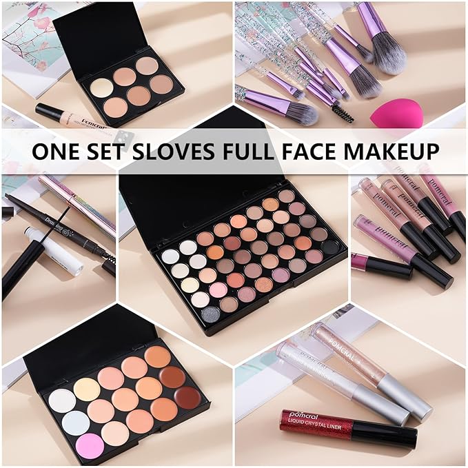 All In One Makeup Kit,Full Makeup Set For Wonmen Includes 40 Colors Eyeshadow Palette Lip Gloss Liquid Lipstick Make up Sponge Brushes Eyebrow Concealer With Makeup Bag-Velvo Beauty