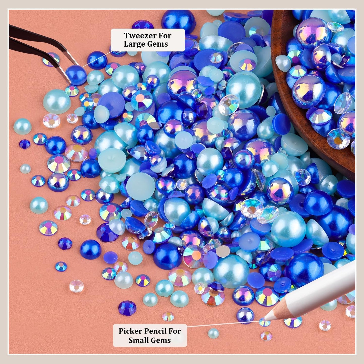 80g Flatback Pearls and Rhinestones for Crafting, Dark Blue 3-10mm Resin Rhinestones and Half Pearls for Bedazzling, Nail Art and Dec with 3pcs 10ml B7000 Jewelry Glue, Tweezer and Pickup Pencil-Velvo Beauty