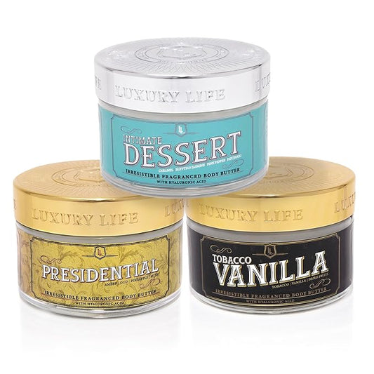LUXURY LIFE BUTTER - Irresistibly Scented Body Butter with Hyaluronic Acid for Ultimate Moisture. Hydrates for a Non-Greasy Glamorous Glow (Presidential, Intimate Dessert, Tobacco Vanilla 5 oz)-Velvo Beauty