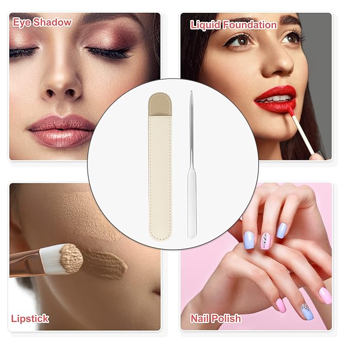VOCOSTE 1 Set Stainless Steel Makeup Spatula, Liquid Foundation Spatula Tool with Faux Leather Case, Lipstick Nail Polish Mixing Palette Spatula, Beige-Velvo Beauty