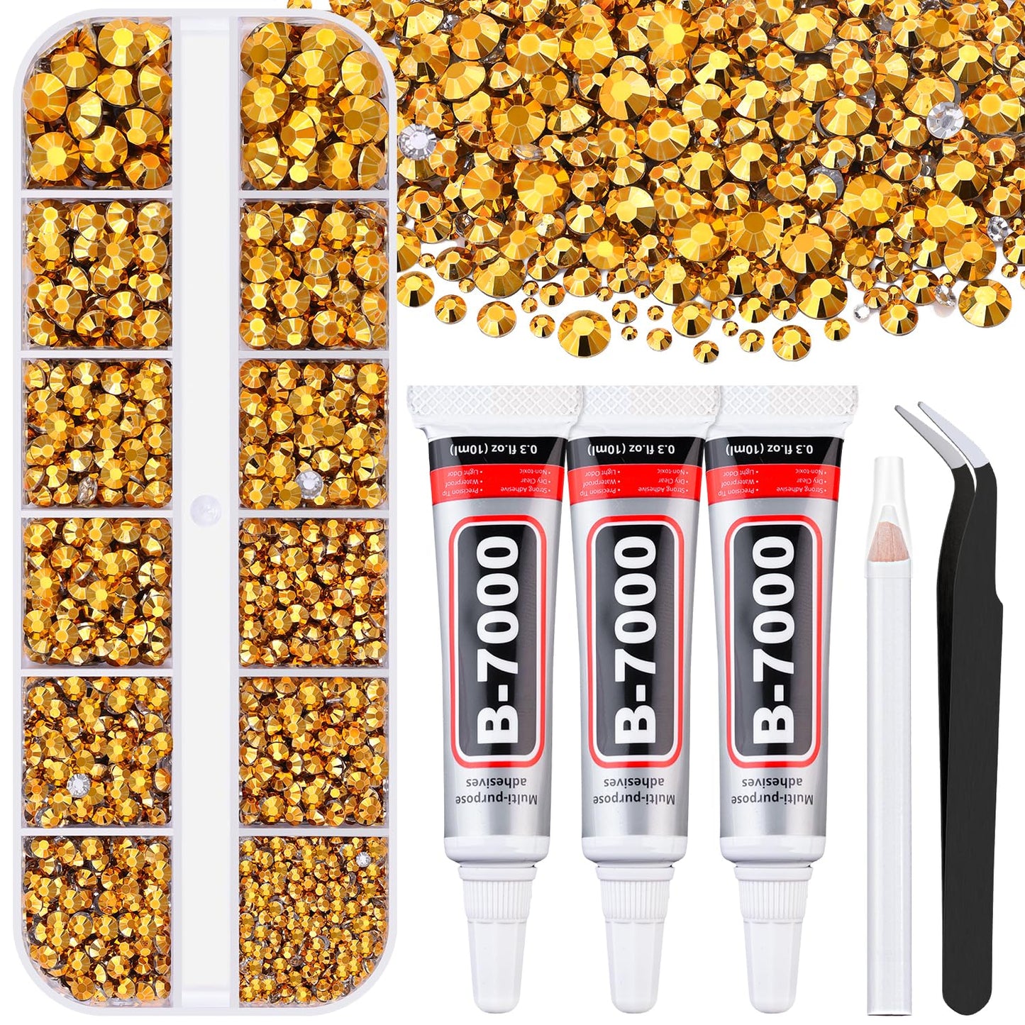 6000Pcs Resin Rhinestones for Bedazzling with 3Pcs B7000 Jewelry Glue, 1 Box Mine Gold Flatback Rhinestones for Crafting Crafts DIY, Crystals Gems for Clothing Shoes Tumblers Nail Art Makeup-Velvo Beauty