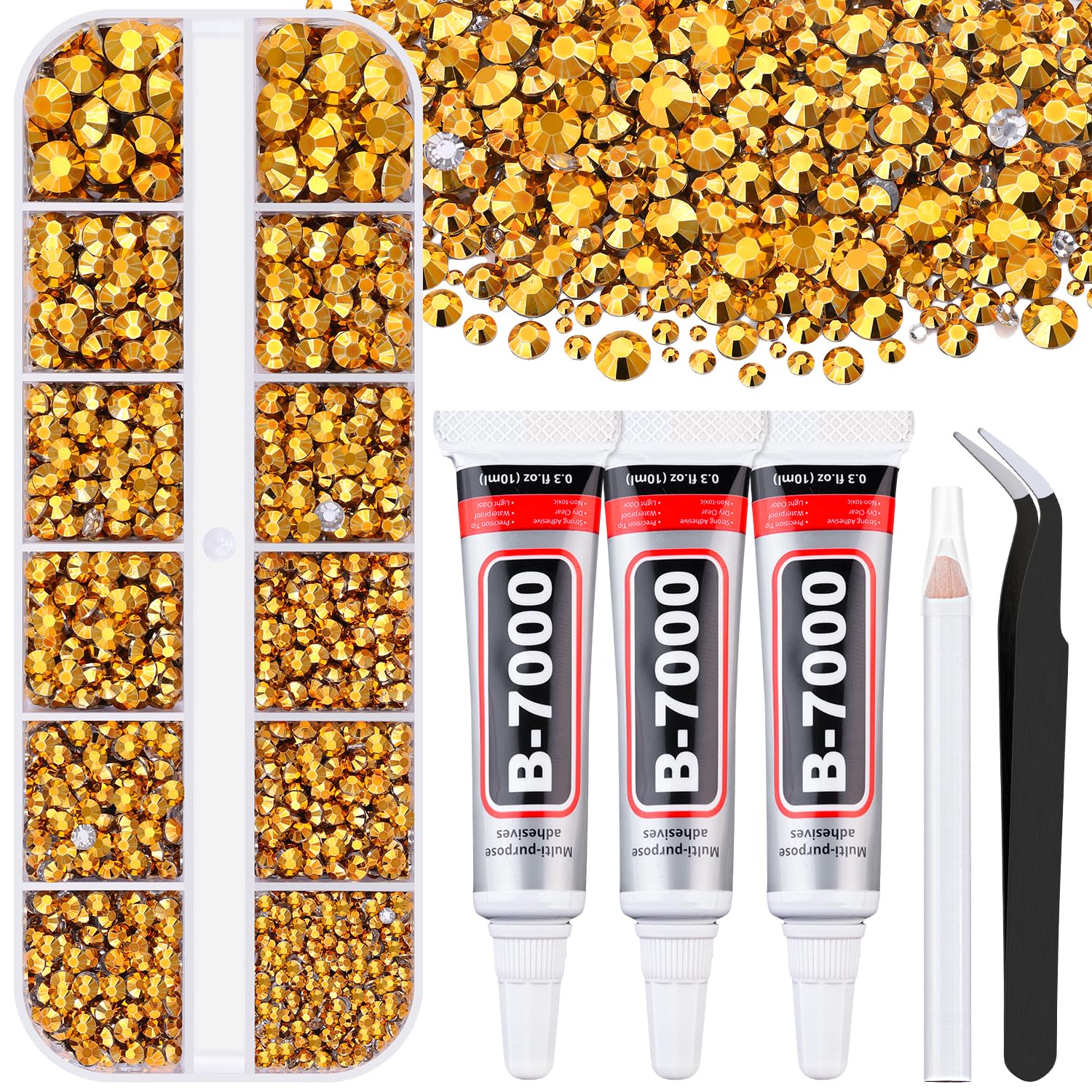 6000Pcs Resin Rhinestones for Bedazzling with 3Pcs B7000 Jewelry Glue, 1 Box Mine Gold Flatback Rhinestones for Crafting Crafts DIY, Crystals Gems for Clothing Shoes Tumblers Nail Art Makeup-Velvo Beauty
